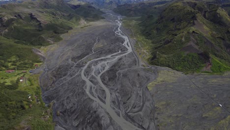 Panoramic-aerial-overview-of-glacial-braided-streams-and-black-basalt-rock,-iceland