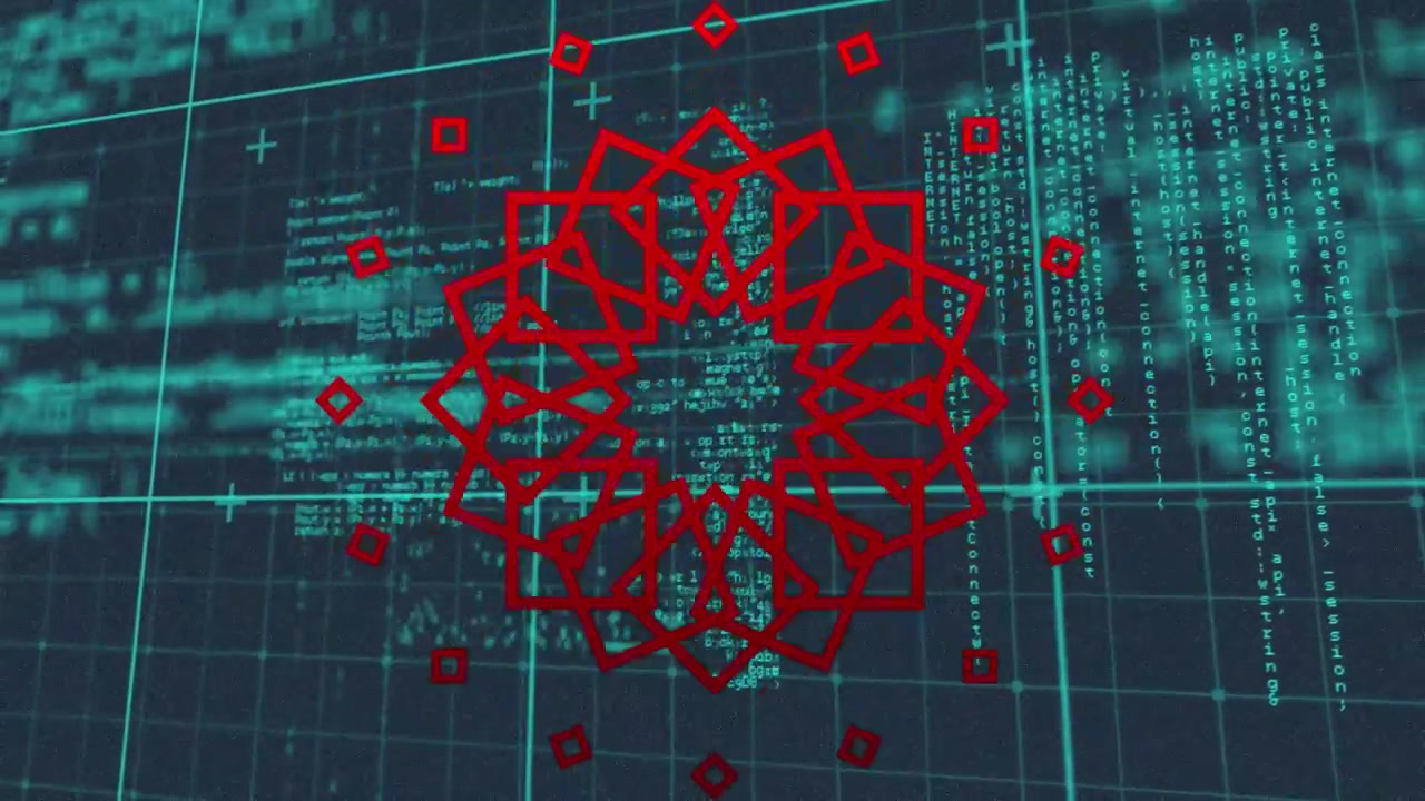 Animatie van gegevensverwerking over een raster op een zwarte achtergrond.
