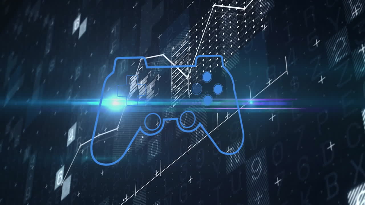 Animation of digital game controller with futuristic data and technology elements
