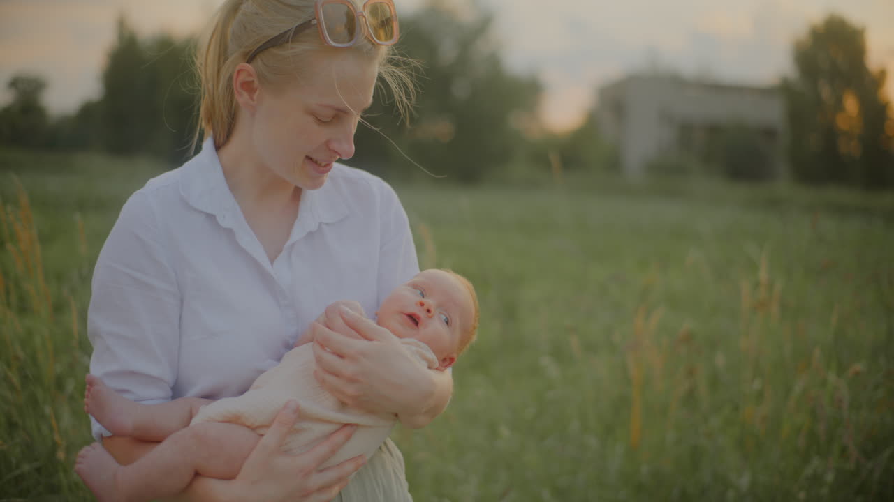 Woman Holding Her Son in Field