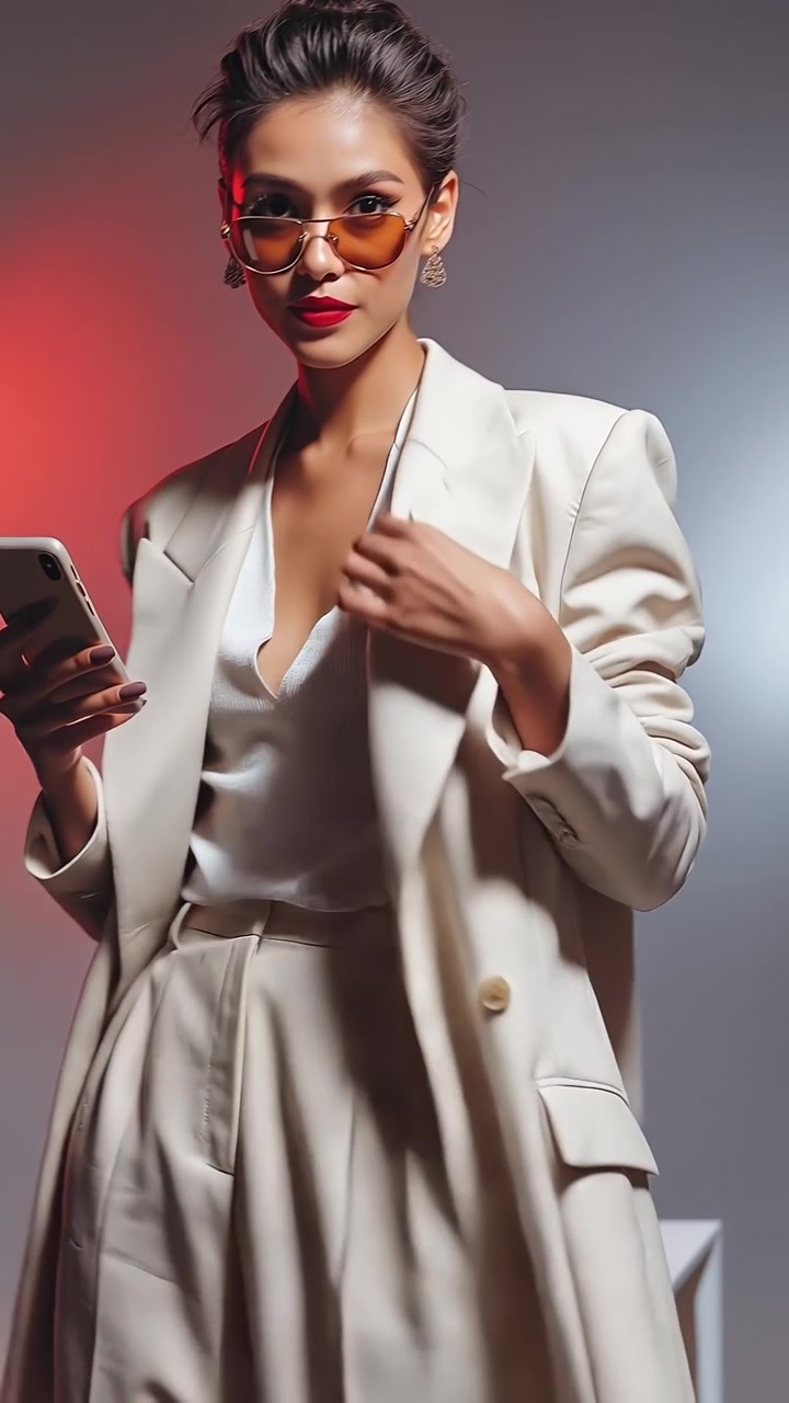 Donna elegante in tailleur beige e occhiali da sole che tiene uno smartphone in uno studio con illuminazione rossa.