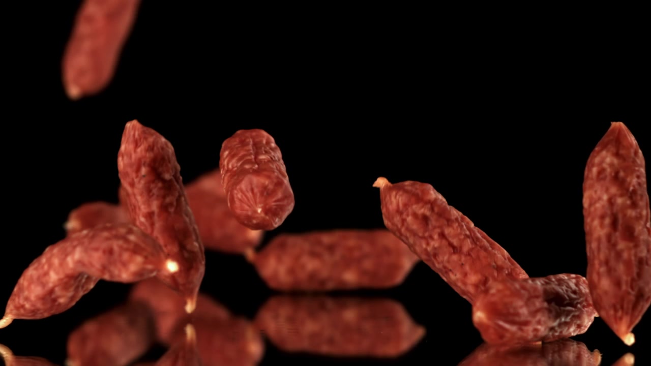 Mini salami che cadono al rallentatore su una superficie nera riflettente