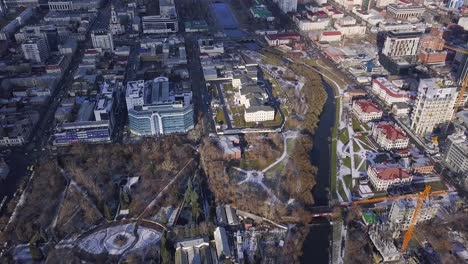 aerial view of a city in winter