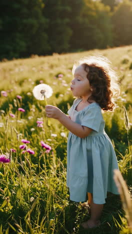 a young girl blowing a dandelion in a sunny meadow