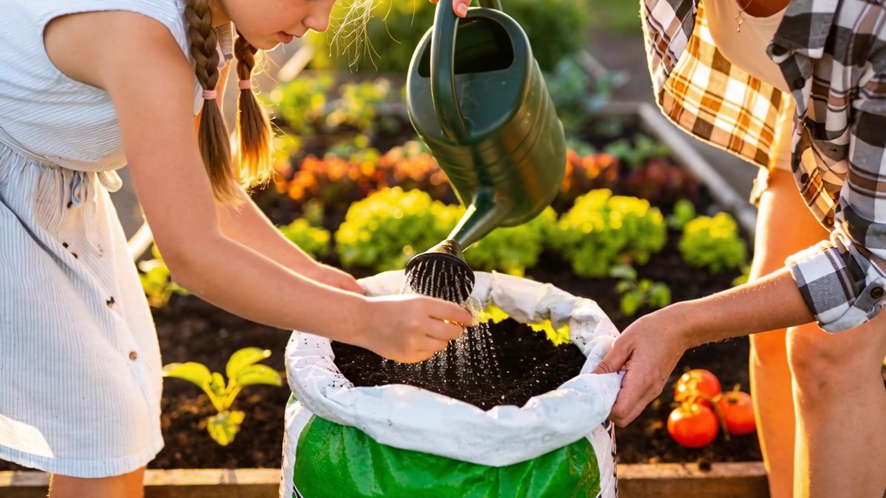 Placing soil bag, mom in plaid tipping green can, daughter in white smoothing seeds for garden-bed