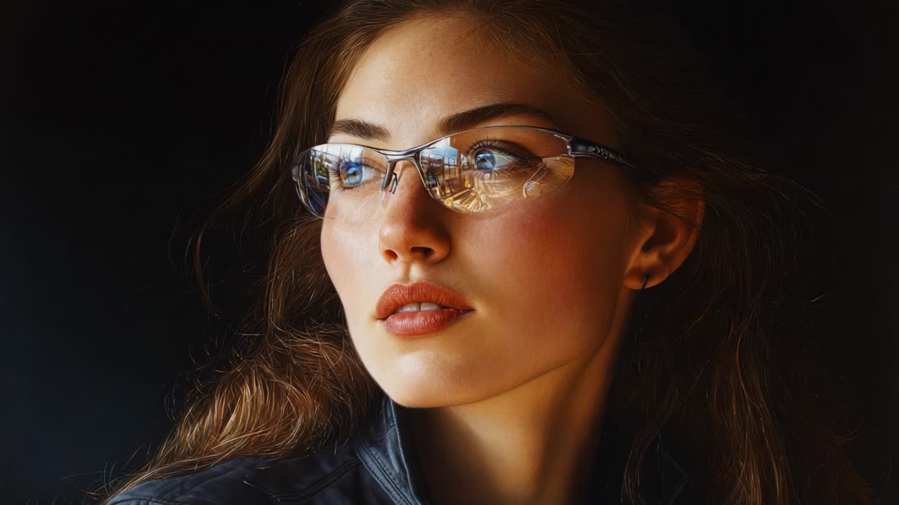 Un ritratto accattivante di una giovane donna con gli occhiali, che cattura lineamenti del viso straordinari ed espressioni evocative, illuminato alla perfezione su uno sfondo scuro, che mette in risalto bellezza e carattere