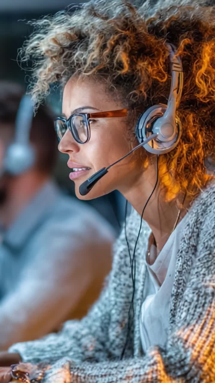 Fokuseret og professionel kvinde engageret i kommunikation: Nærbillede af en kvinde med headset i et dynamisk arbejdsmiljø