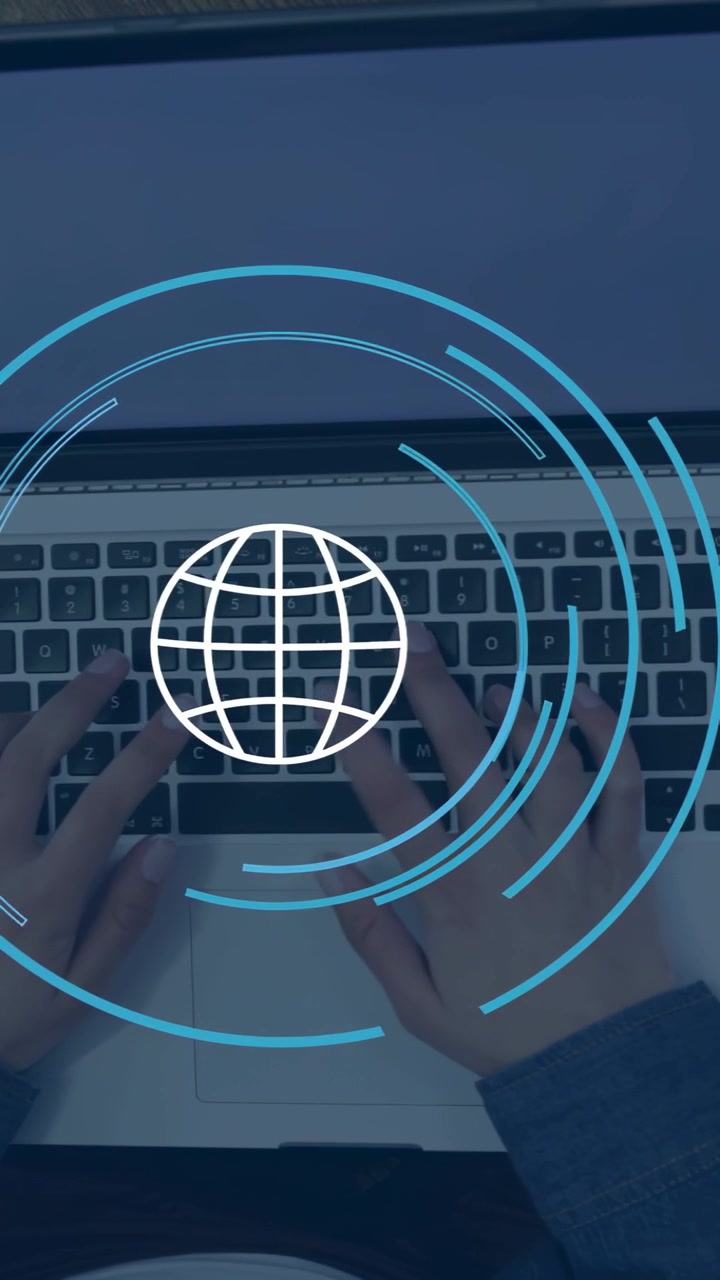 Vertical video: Woman typing on laptop starting globe overlay with rotating arcs showing IT network