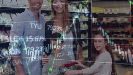 financial-data-over-portrait-of-happy-family-shopping-in-supermarket.