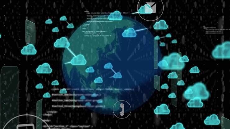 Animation of globe and processing data with cloud icons transferring data on black background