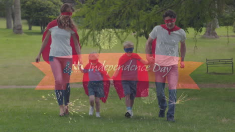 video compuesto digital del día de la independencia 4 de julio texto contra la familia que usa máscaras y capas