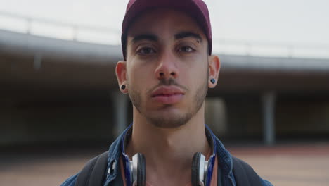 close up portrait confident young man student looking serious hispanic male wearing stylish fashion urban youth slow motion