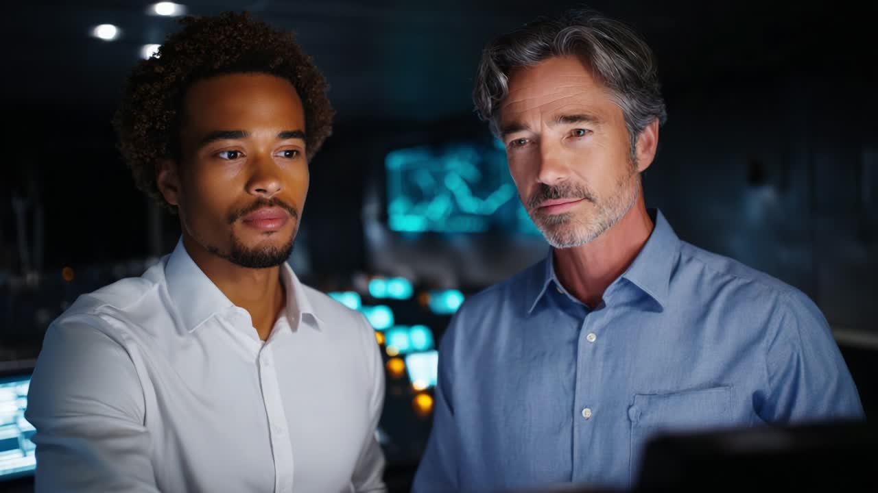 A Thoughtful Dialog Between Two Professionals in a High-Tech Control Room, Engaging in Critical Discussion About Operations and Strategies, Focusing on Collaboration and Problem Solving
