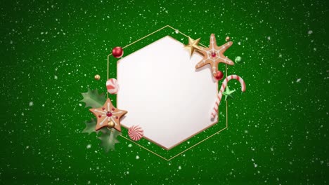 Animation-of-snow-falling-over-christmas-decorations-around-white-hexagonal-sign-on-green-background