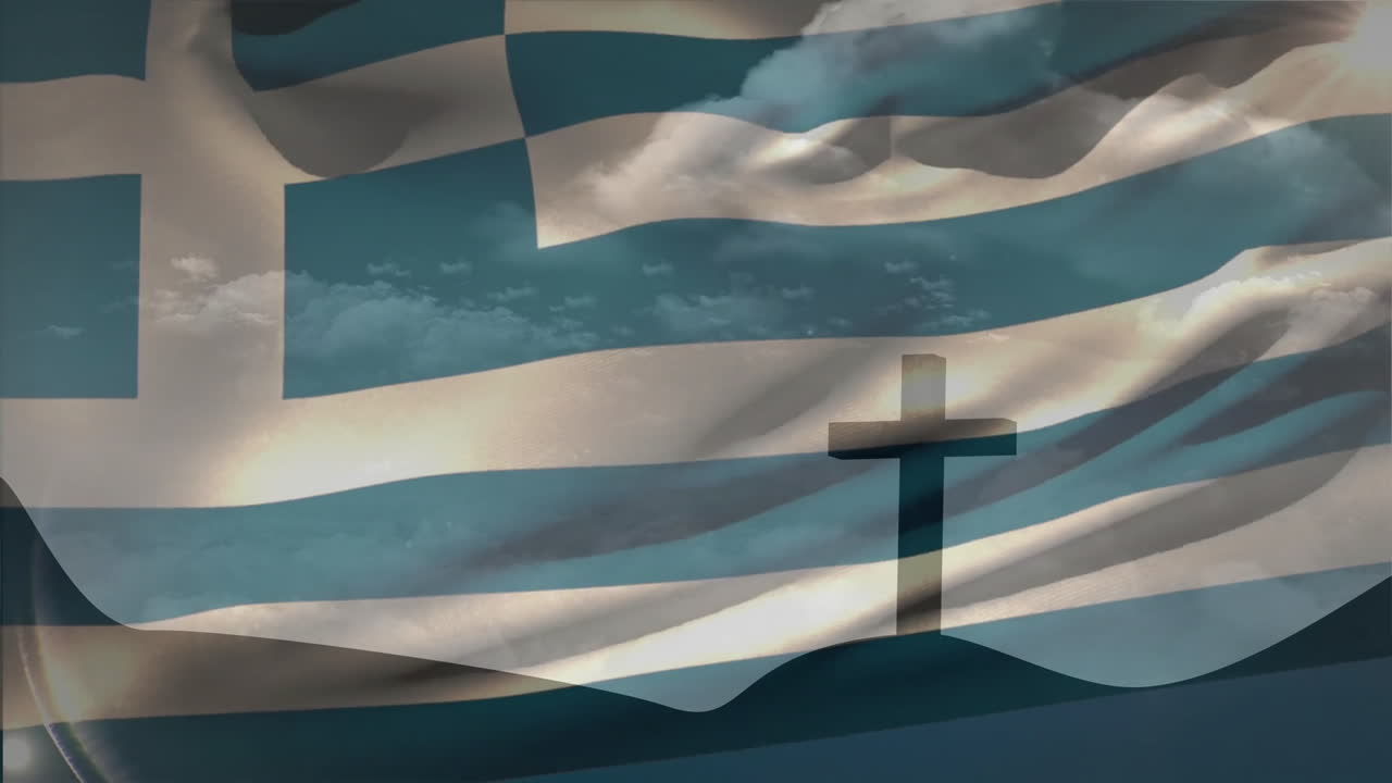 Waving Greek flag with cross silhouette against cloudy sky creating animation effect