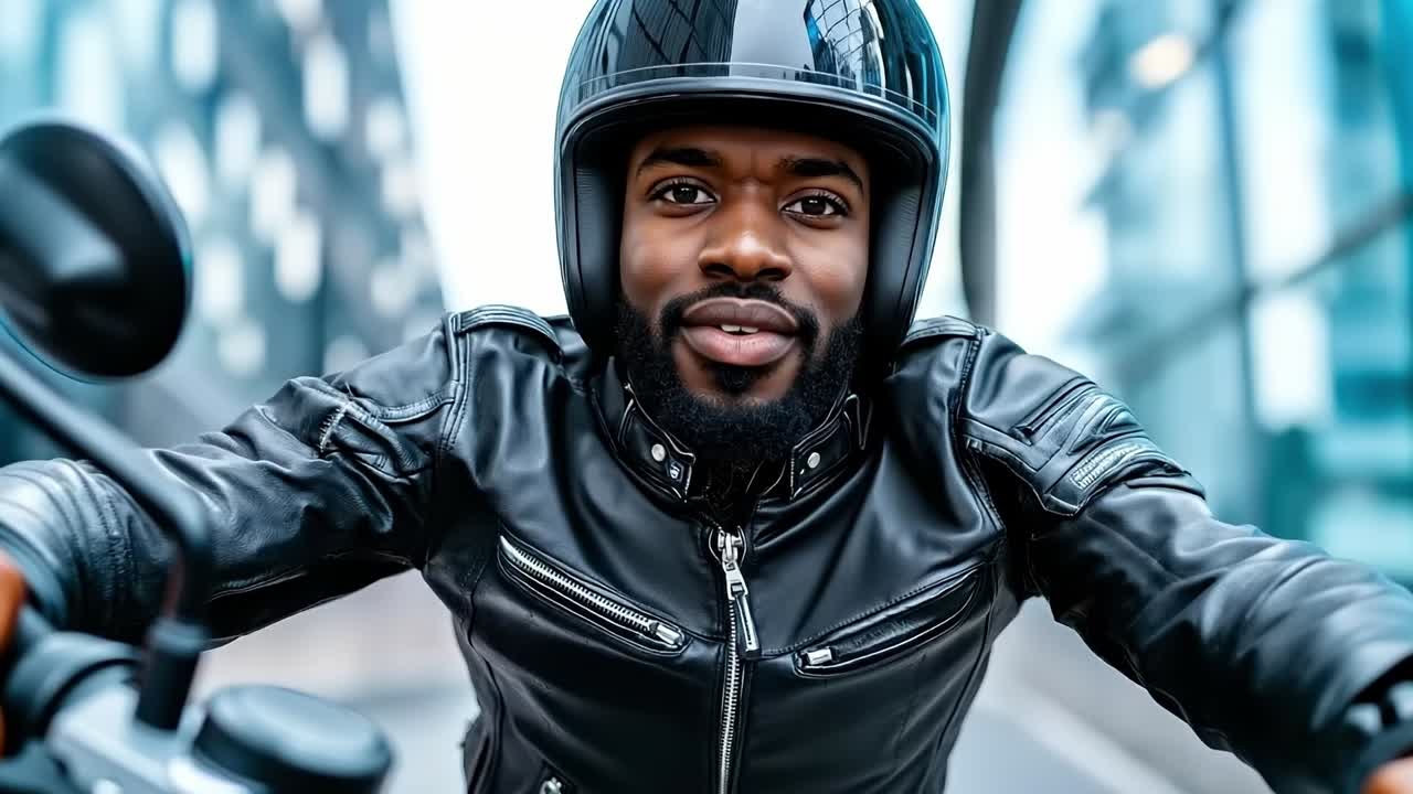 A man in a leather jacket and helmet riding a motorcycle