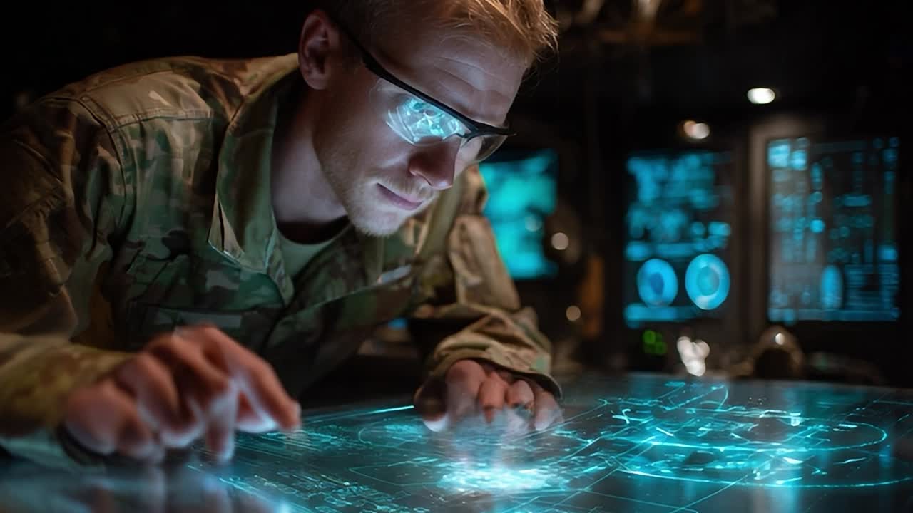 Soldat, der bruger avanceret teknologi til at interagere med holografiske skærme