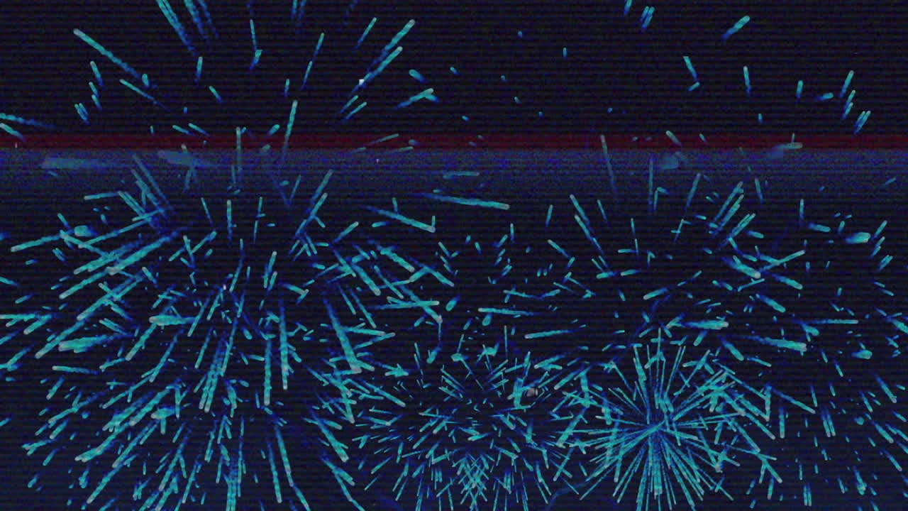 animación del efecto de falla sobre fuegos artificiales coloridos que explotan contra un fondo negro