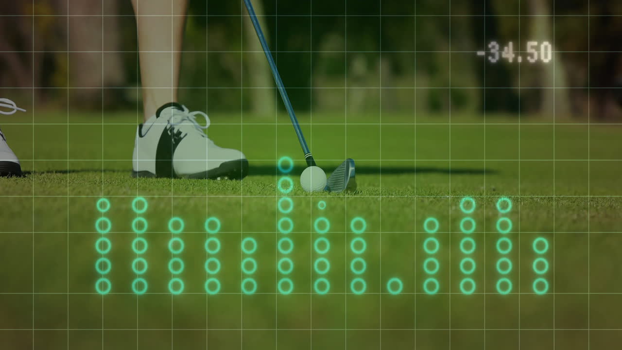 Golf club head hovering above golf ball on green, displaying teal data grid and numeric readout