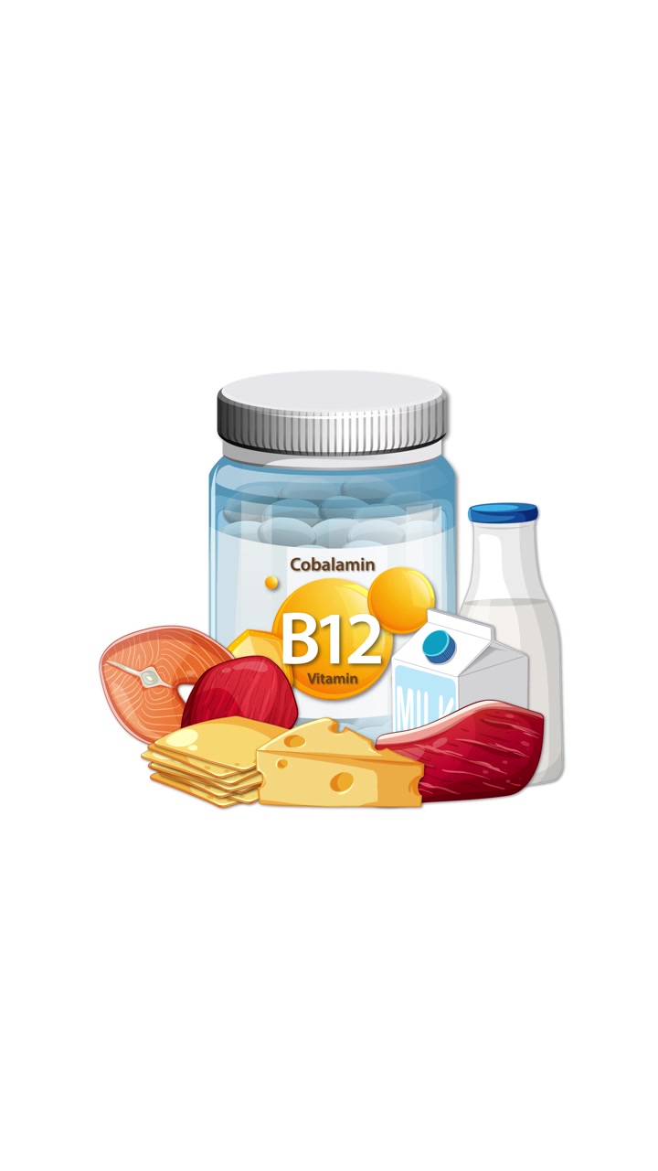 Botol Vitamin B12 dengan daging, keju, susu, dan ikan muncul di latar belakang putih, transisi mulus