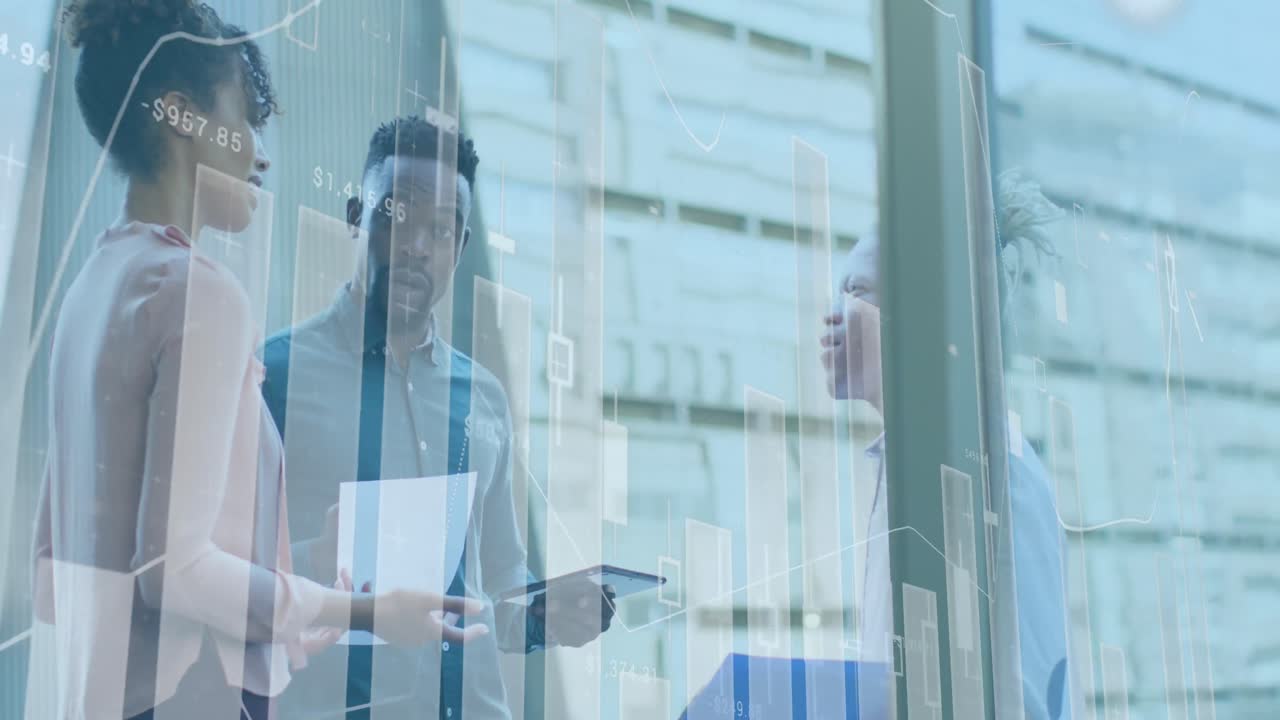 Animation of data processing over diverse business people in office