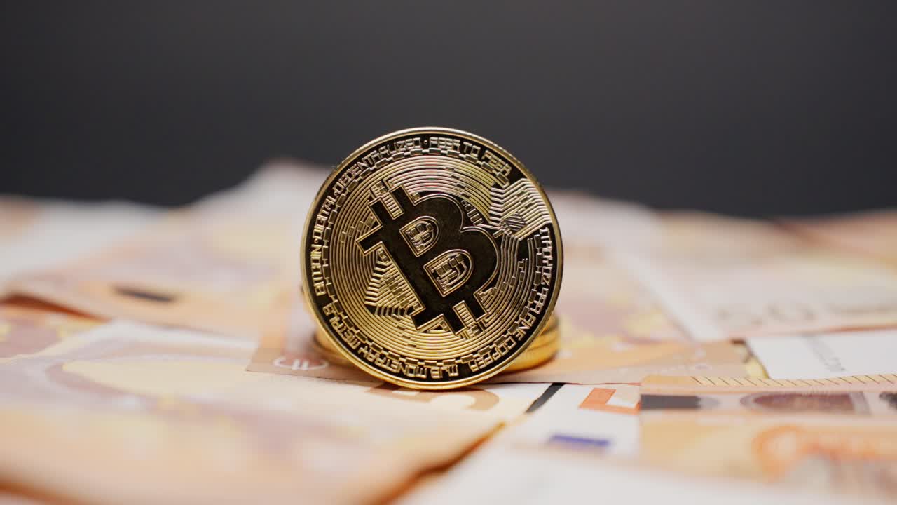 Bitcoin coin standing on euro cash, dramatic light change adds modern finance feel