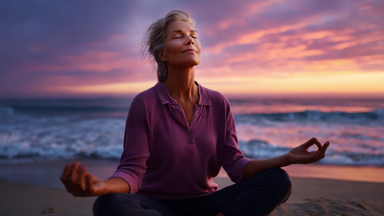 A Serene Woman Meditates on the Beach at Sunset, Embracing Calmness and Inner Peace Amidst the Tranquil Waves and Vibrant Sky to Enhance Mindfulness and Reflective Moments for Wellness