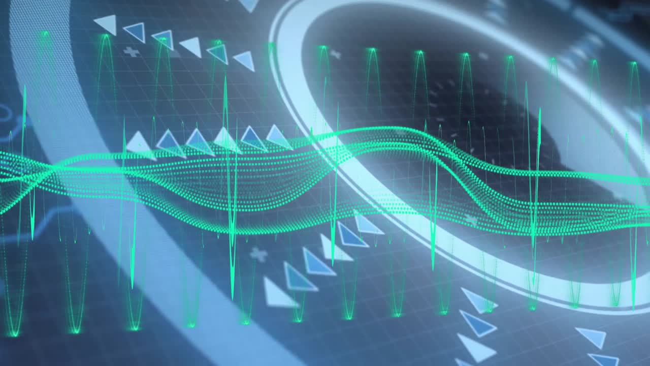 HUD grid opening starting wave scrolling, ring emerging rotating, arrows moving visualizing flow