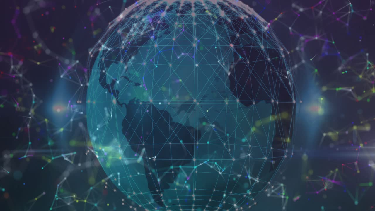 Upon loading wireframe globe rotating to visualize global network while nodes pulsing