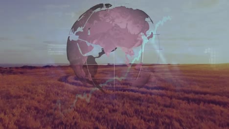 Animation-of-globe-and-financial-data-processing-over-agriculture-field