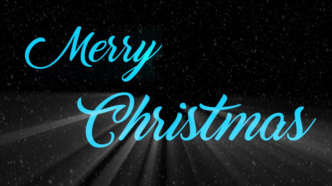 눈 인 배경에 반이는 파란색 메리 크리스마스 텍스트