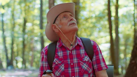 Senior-old-Caucasian-tourist-hiker-grandfather-training-Nordic-walking-with-trekking-poles-in-forest