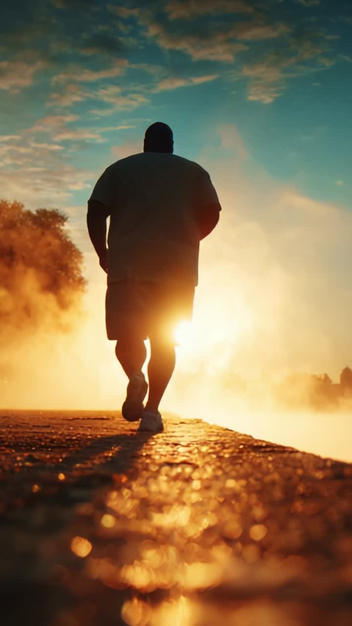 A solitary figure jogs along a misty path as the sun rises, creating a serene atmosphere that highlights physical activity and the beauty of nature
