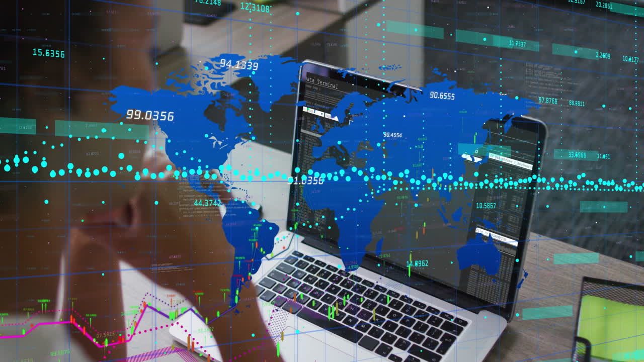 World map and financial data animation over person using laptop in office