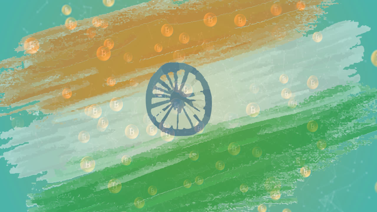 Animazione di simboli Bitcoin che scorrono sulla bandiera dell'India sullo sfondo