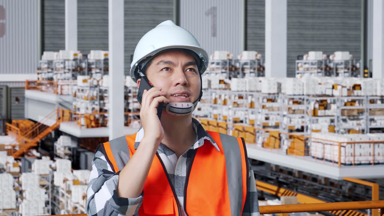 電話中の倉庫作業員。