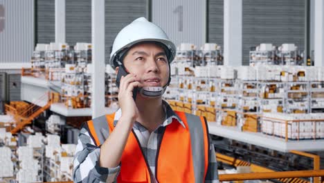 trabajador del almacén al teléfono.