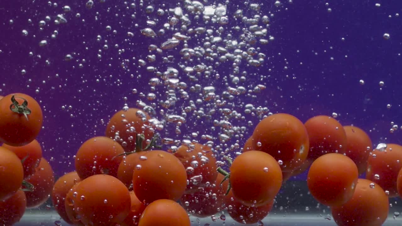 체리 토마토가 물에 어지고 있습니다.