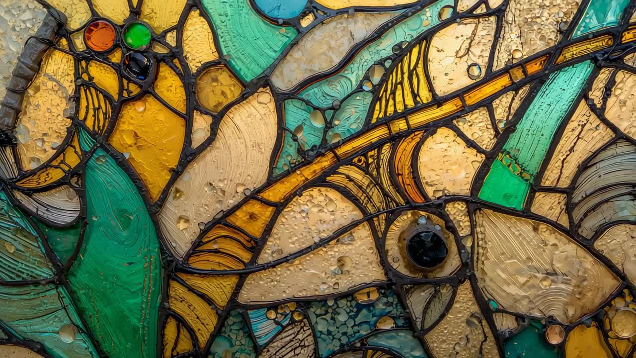 Camera panning gently across stained glass mosaic panel in art gallery, highlighting water droplets