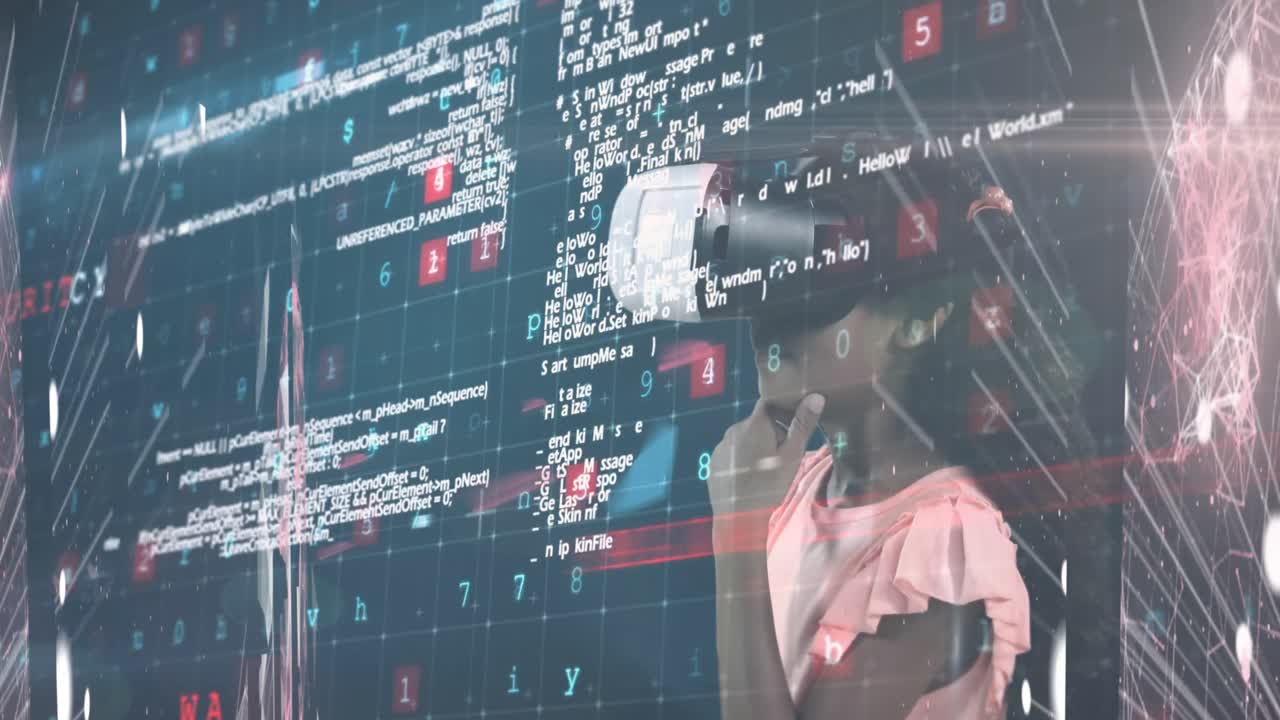 Cyber security data processing against young girl using VR headset