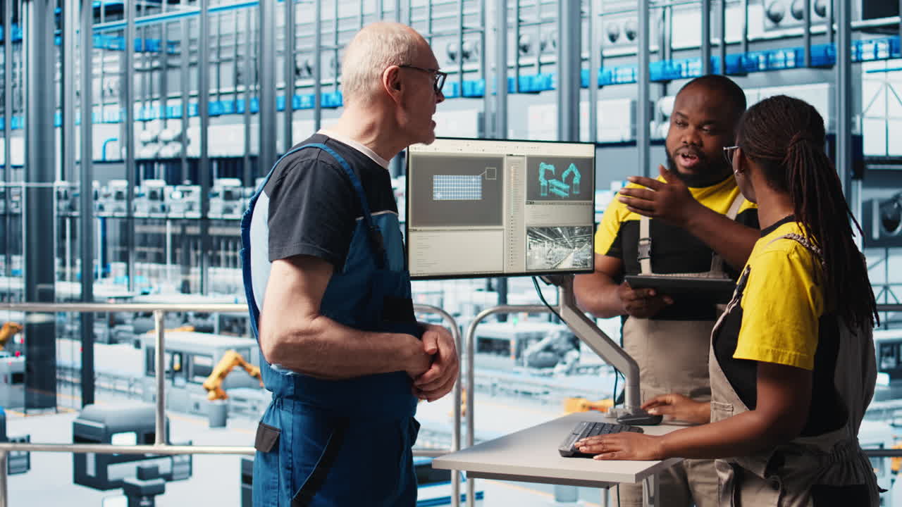 Team leader doing induction to new trainees in industry 4.0 photovoltaics plant