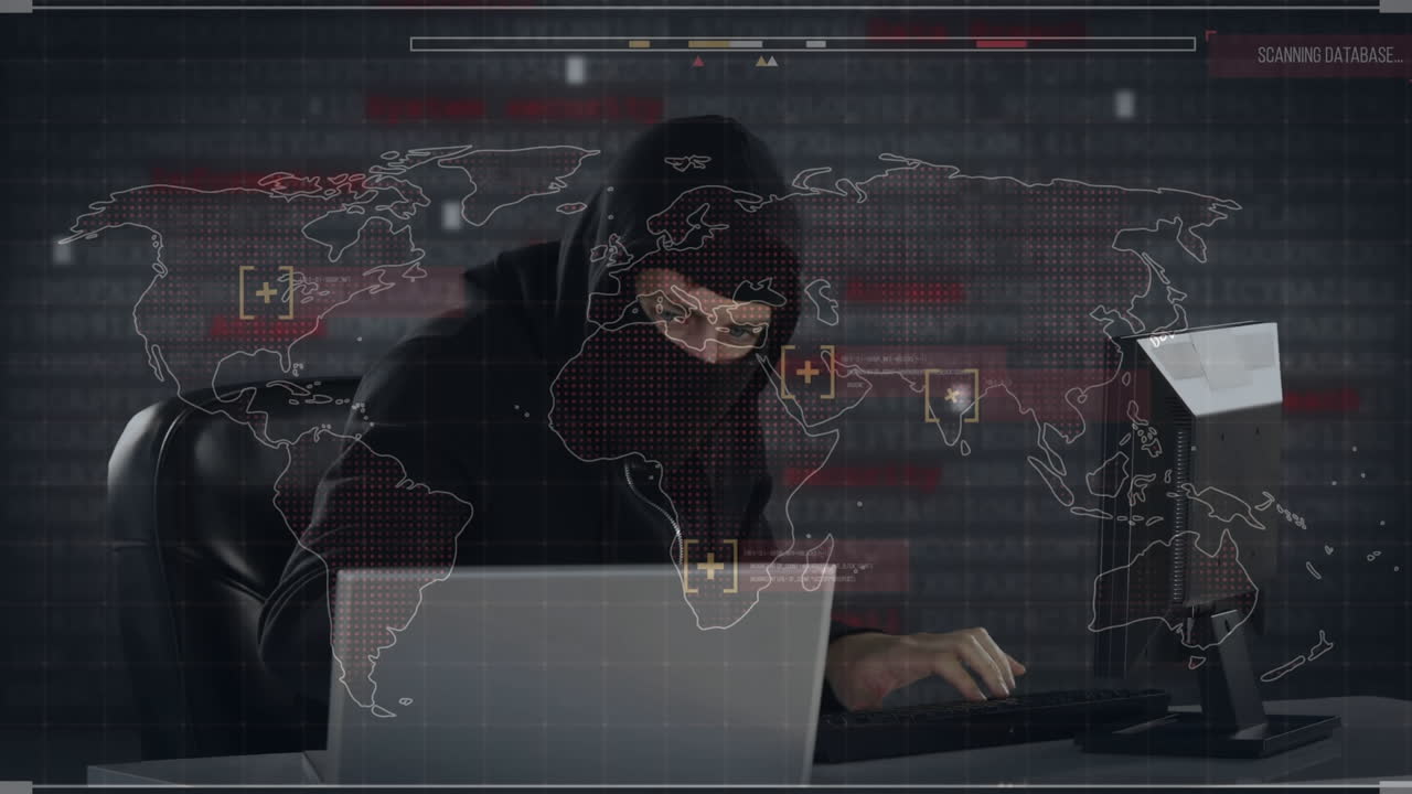 animación del procesamiento de datos sobre un hacker con una computadora portátil