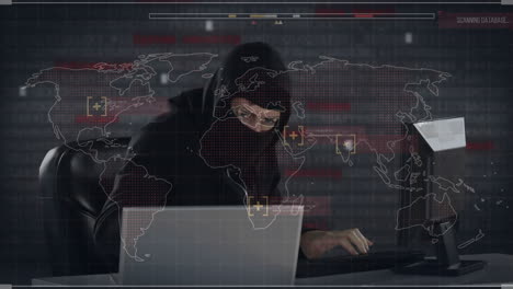 animation of data processing over hacker with laptop