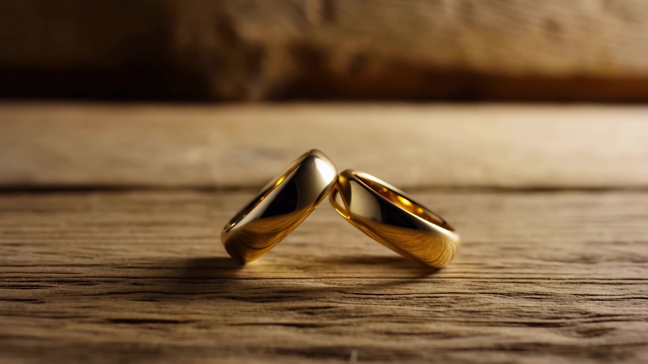 Dua cincin emas bertumpu di permukaan kayu pedesaan dalam adegan close-up yang hangat dengan latar belakang yang lembut buram dan pencahayaan samping yang lembut, menciptakan tampilan sederhana yang elegan