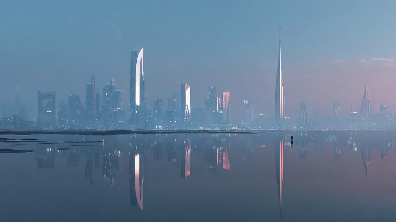 Serene and hazy futuristic city skyline with towering skyscrapers reflecting perfectly on the tranquil surface of the water, creating a stunning and symmetrical science fiction cityscape