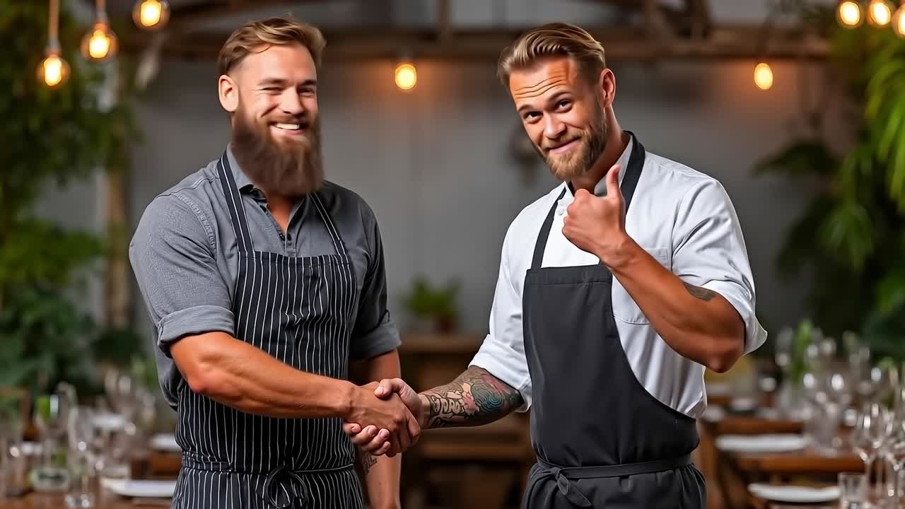 dos hombres estrechando la mano en un restaurante