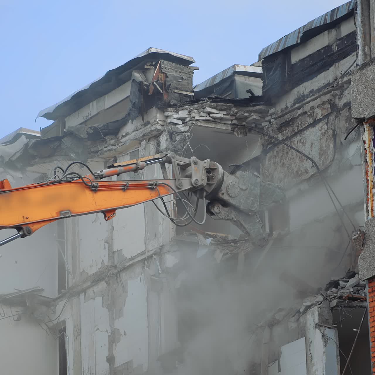Demolition Of Old Residential Building. Destroying Old House Using Bucket Excavator on Construction Site