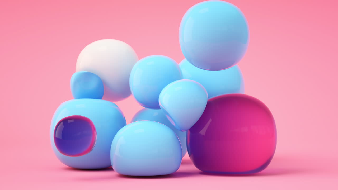 Soft balls falls and bounces, 3d rendering.