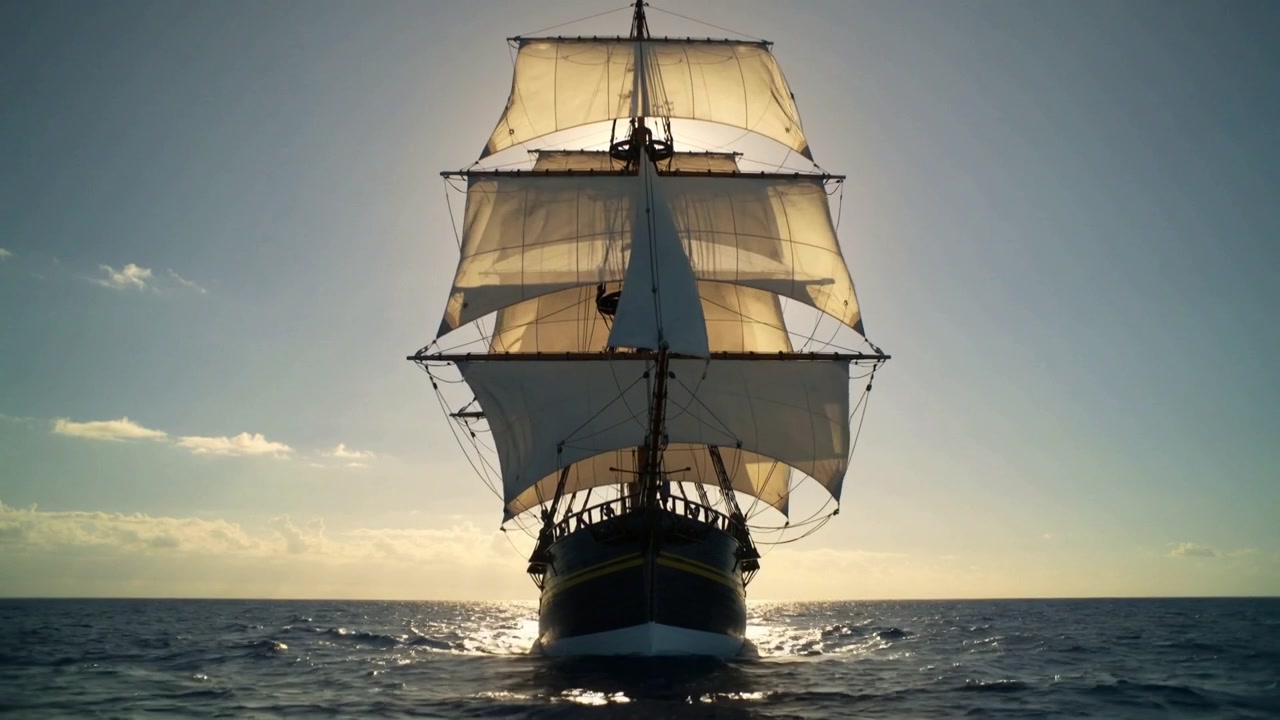 Nave a tre alberi che avanza con il vento che gonfia le vele, la prua che fende l'acqua calma in mare, equipaggio in cappotti.