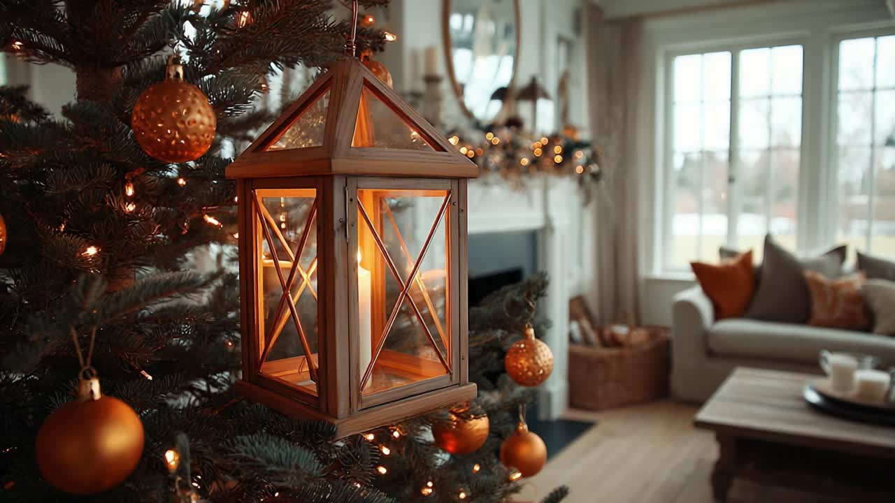 A Cozy Winter Evening: A Beautifully Decorated Christmas Tree with Warm Lanterns and Ornaments Illuminating a Festive Living Room